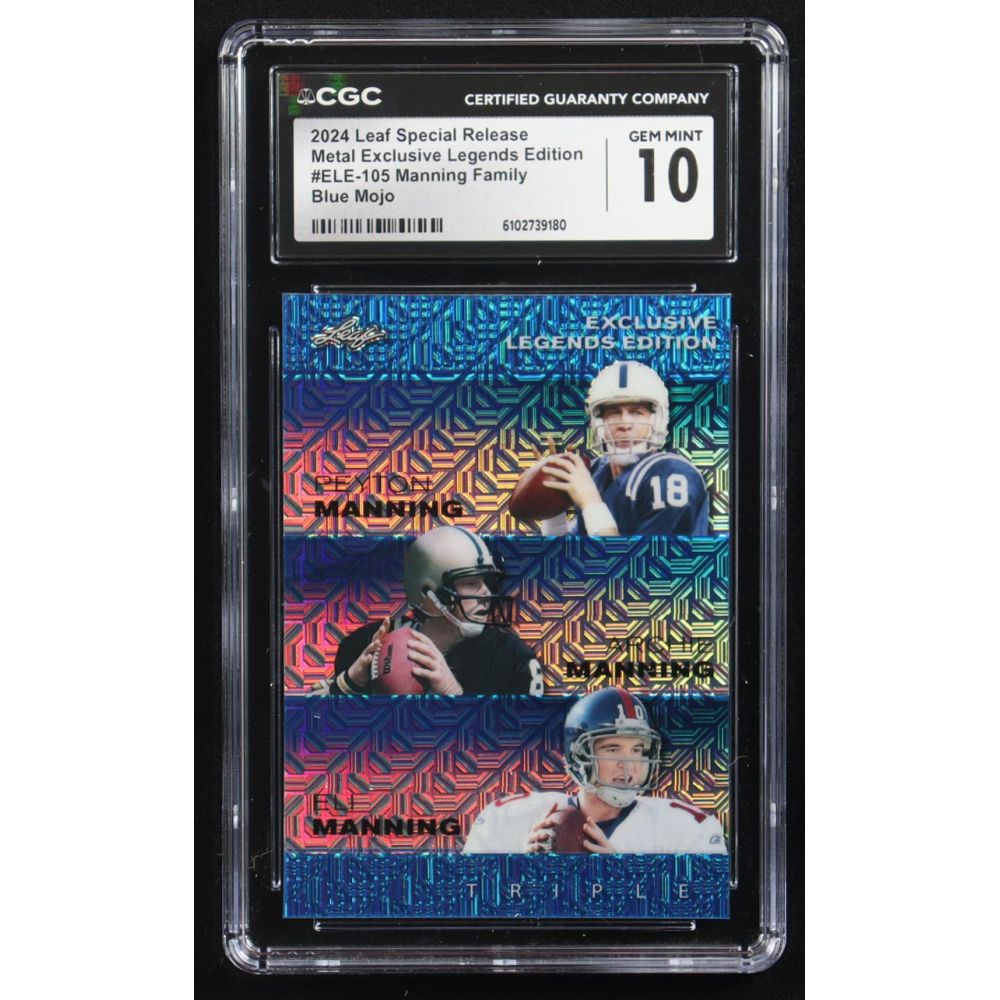 Archie Manning / Peyton Manning / Eli Manning 2024 Leaf Metal Special Release Exclusive Legends Ed. Manning Family Blue Mojo Triple #ELE-105 #4/20 (CGC 10) at PristineAuction.com