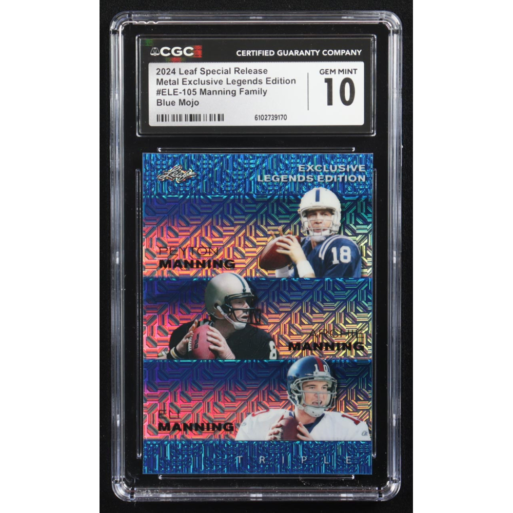 Archie Manning / Peyton Manning / Eli Manning 2024 Leaf Metal Special Release Exclusive Legends Ed. Manning Family Blue Mojo Triple #ELE-105 #19/20 (CGC 10) at PristineAuction.com
