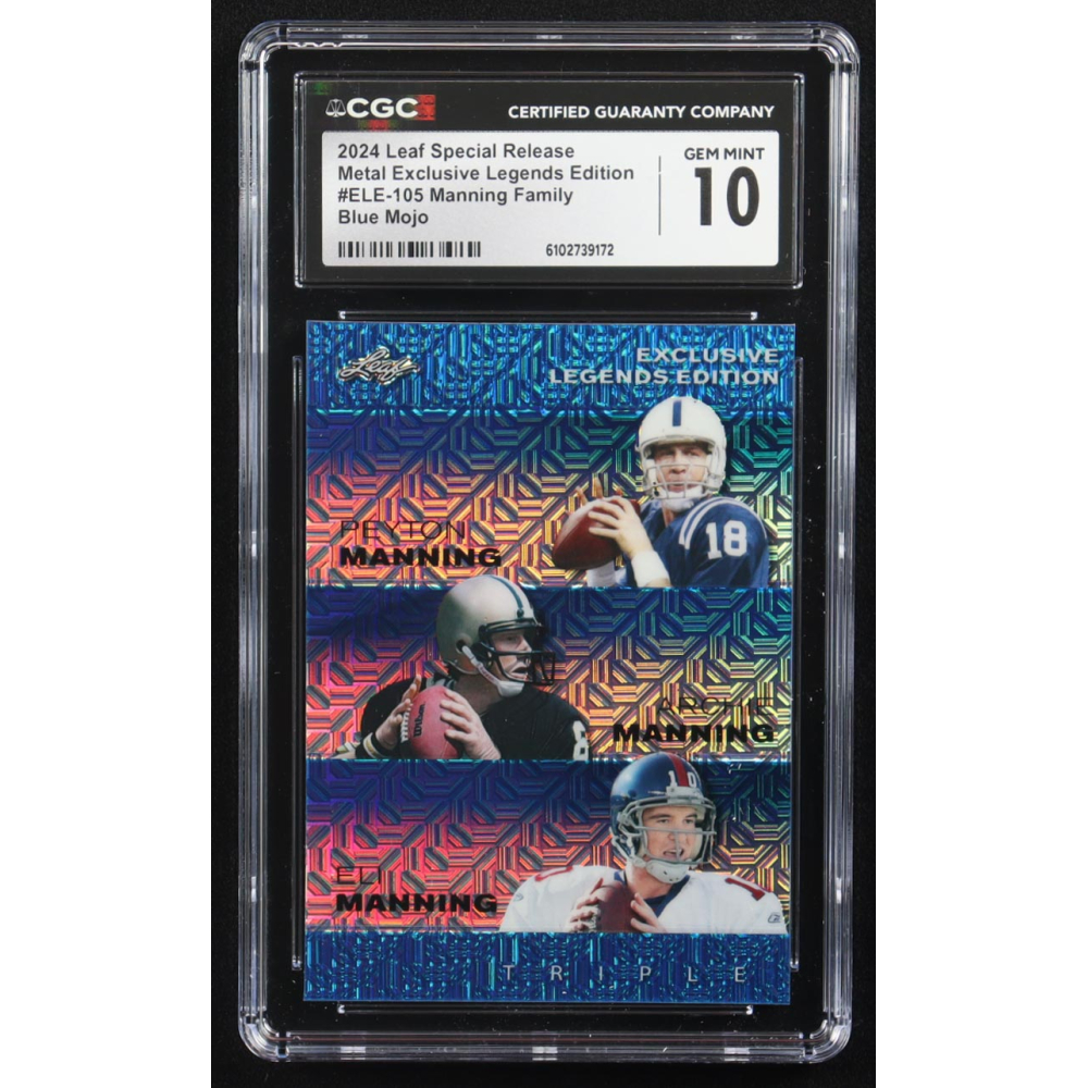 Archie Manning / Peyton Manning / Eli Manning 2024 Leaf Metal Special Release Exclusive Legends Ed. Manning Family Blue Mojo Triple #ELE-105 #17/20 (CGC 10) at PristineAuction.com