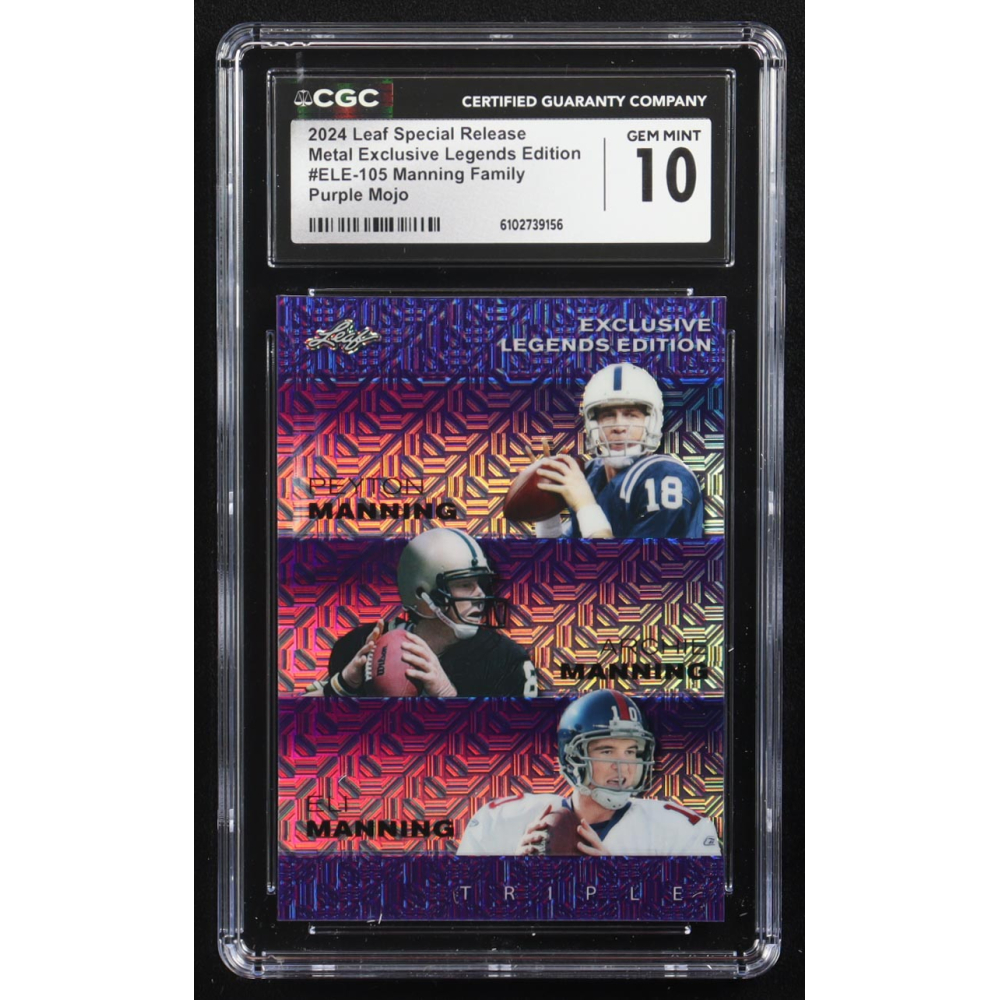 Archie Manning / Peyton Manning / Eli Manning 2024 Leaf Metal Special Release Exclusive Legends Ed. Manning Family Purple Mojo Triple #ELE-105 #15/15 (CGC 10) at PristineAuction.com