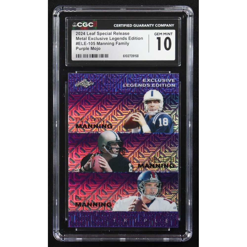Archie Manning / Peyton Manning / Eli Manning 2024 Leaf Metal Special Release Exclusive Legends Ed. Manning Family Purple Mojo Triple #ELE-105 #13/15 (CGC 10) at PristineAuction.com