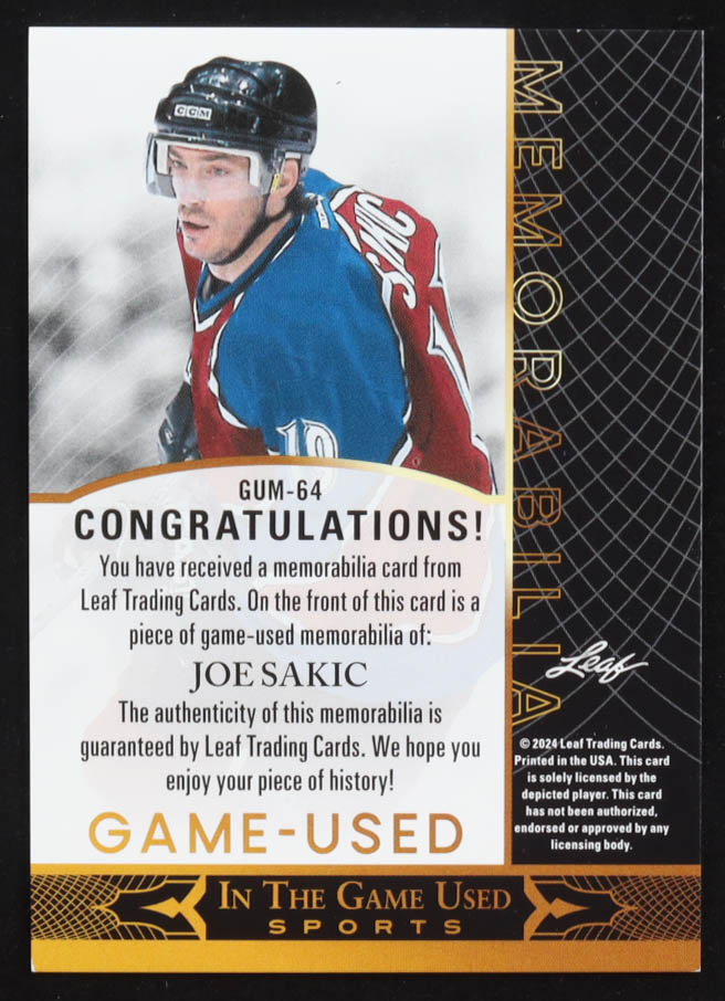 Joe Sakic 2024 Leaf ITG Used Sports Game-Used Memorabilia #GUM64 at PristineAuction.com Joe Sakic 2024 Leaf ITG Used Sports Game-Used Memorabilia #GUM64 at PristineAuction.com