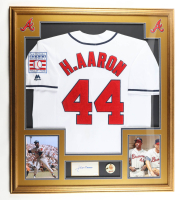 Hank Aaron Signed Custom Framed Cut Display with Jersey & World Series Pin (JSA) at PristineAuction.com