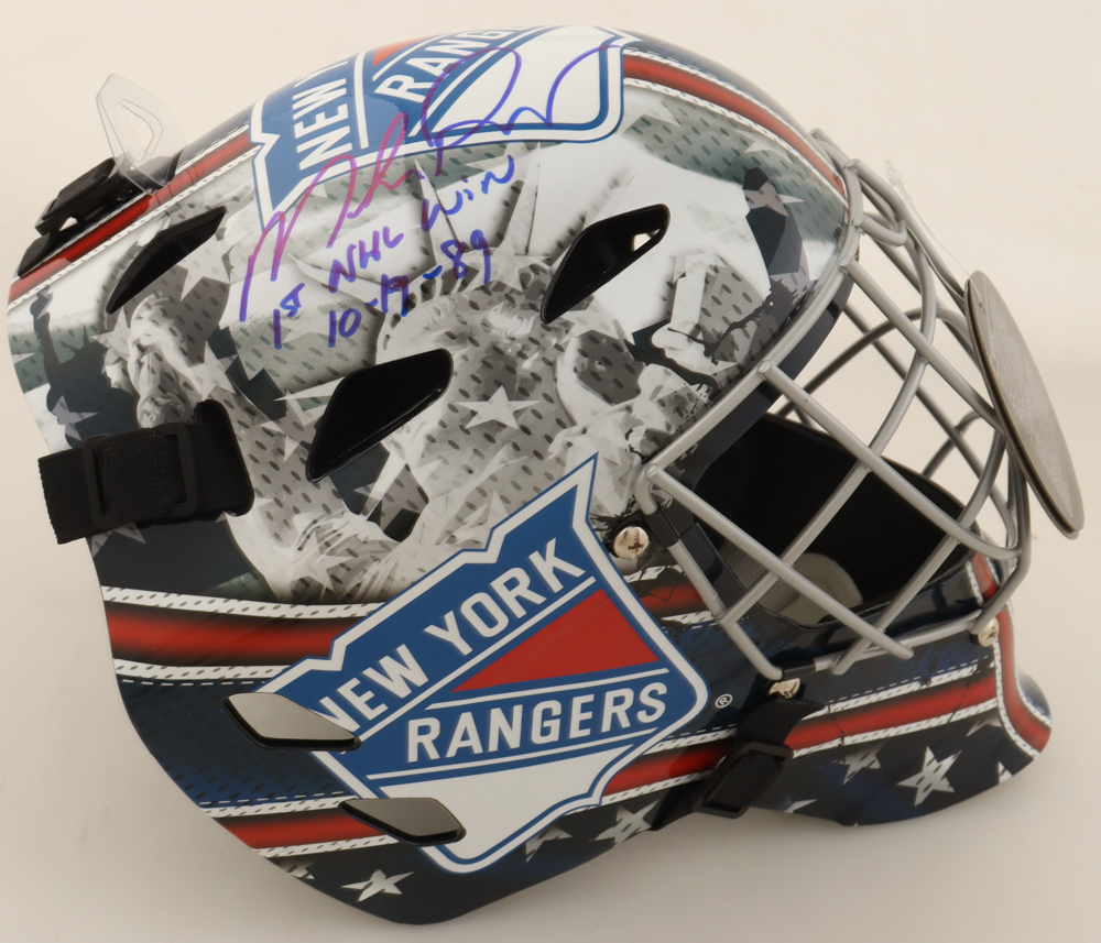 Mike Richter Signed Rangers Full-Size Goalie Mask Inscribed "1st NHL Win 10-19-89" (JSA) at PristineAuction.com Mike Richter Signed Rangers Full-Size Goalie Mask Inscribed "1st NHL Win 10-19-89" (JSA) at PristineAuction.com