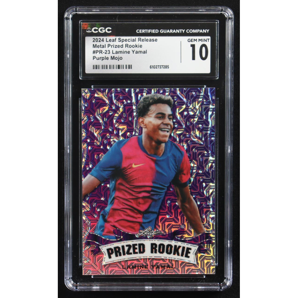 Lamine Yamal 2024 Leaf Metal Special Release Prized Rookie Purple Mojo #PR-23 RC #5/15 (CGC 10) at PristineAuction.com