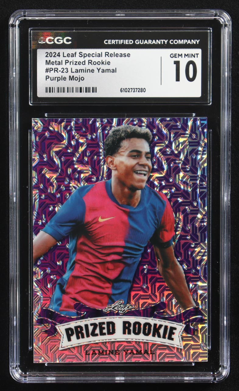 Lamine Yamal 2024 Leaf Metal Special Release Prized Rookie Purple Mojo #PR-23 RC #10/15 (CGC 10) at PristineAuction.com Lamine Yamal 2024 Leaf Metal Special Release Prized Rookie Purple Mojo #PR-23 RC #10/15 (CGC 10) at PristineAuction.com
