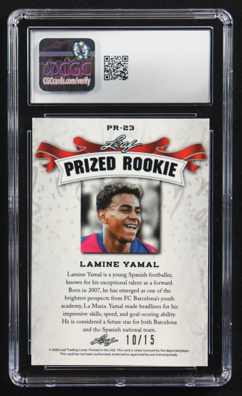 Lamine Yamal 2024 Leaf Metal Special Release Prized Rookie Purple Mojo #PR-23 RC #10/15 (CGC 10) at PristineAuction.com Lamine Yamal 2024 Leaf Metal Special Release Prized Rookie Purple Mojo #PR-23 RC #10/15 (CGC 10) at PristineAuction.com