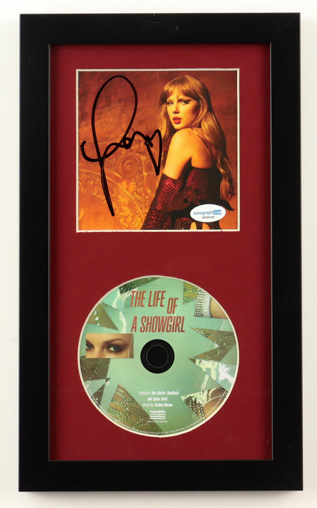 Taylor Swift Signed "The Life of a Showgirl" Custom Framed CD Insert Display (ACOA) at PristineAuction.com Taylor Swift Signed "The Life of a Showgirl" Custom Framed CD Insert Display (ACOA) at PristineAuction.com