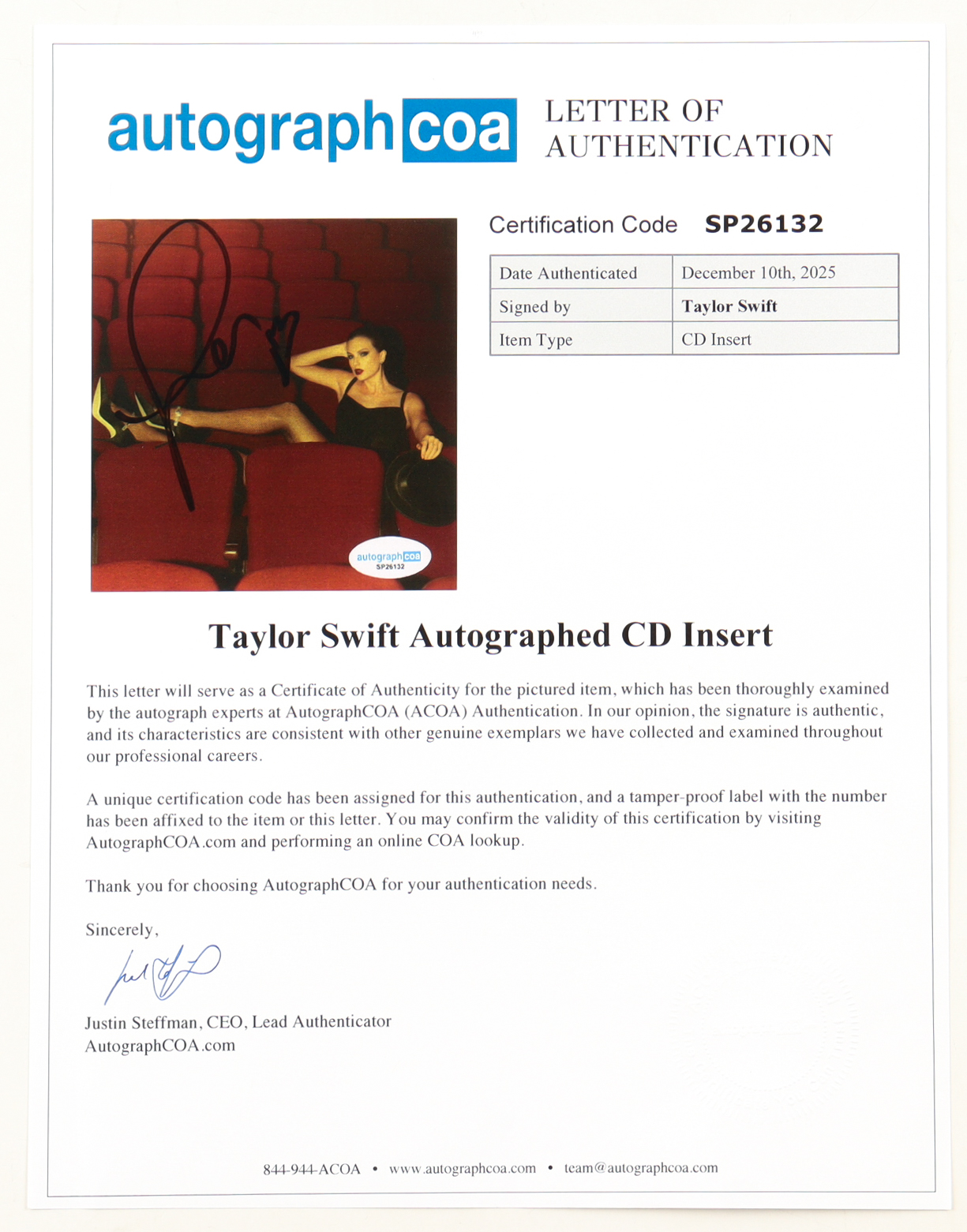 Taylor Swift Signed "The Life of a Showgirl" Custom Framed CD Insert Display (ACOA) at PristineAuction.com Taylor Swift Signed "The Life of a Showgirl" Custom Framed CD Insert Display (ACOA) at PristineAuction.com