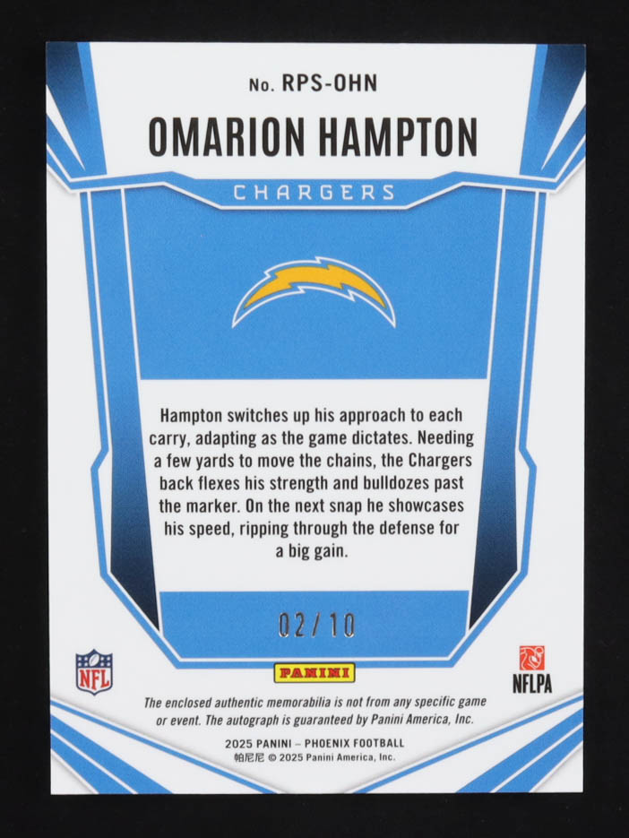 Omarion Hampton 2025 Panini Phoenix Rookie Patch Autographs Gold #24 #02/10 RC at PristineAuction.com Omarion Hampton 2025 Panini Phoenix Rookie Patch Autographs Gold #24 #02/10 RC at PristineAuction.com