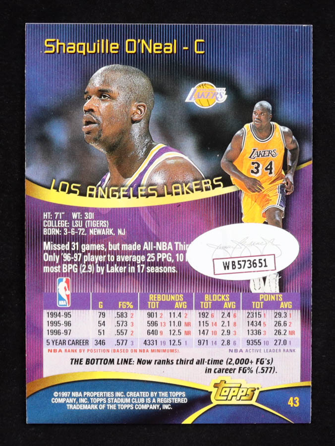 Shaquille O'Neal Signed 1997-98 Stadium Club #43 (JSA) at PristineAuction.com Shaquille O'Neal Signed 1997-98 Stadium Club #43 (JSA) at PristineAuction.com