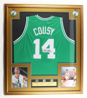 Bob Cousy Signed Custom Framed Jersey Display with (3) NBA Finals Pins & (2) Cloth Logo Patches (JSA) at PristineAuction.com