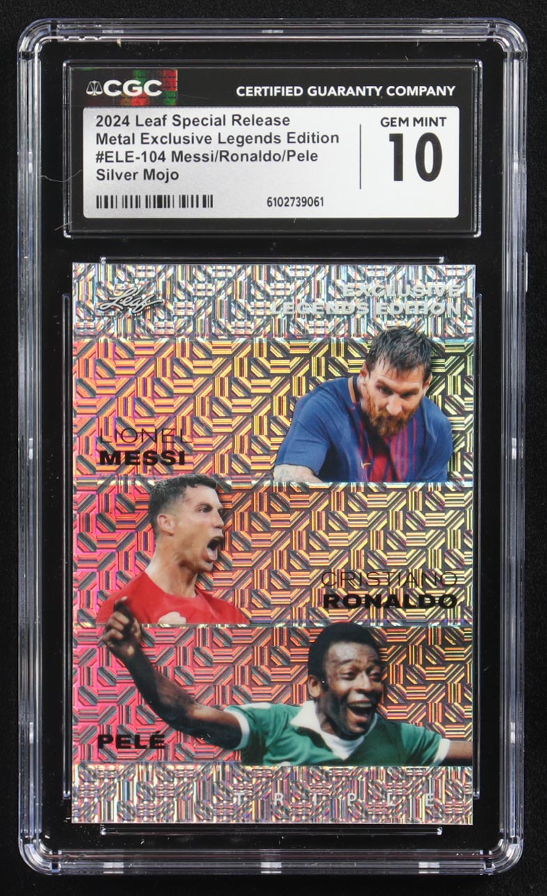 Lionel Messi / Cristiano Ronaldo / Pele 2024 Leaf Metal Special Release Exclusive Legends Ed. Silver Mojo Triple #ELE-104 #1/25 (CGC 10) at PristineAuction.com Lionel Messi / Cristiano Ronaldo / Pele 2024 Leaf Metal Special Release Exclusive Legends Ed. Silver Mojo Triple #ELE-104 #1/25 (CGC 10) at PristineAuction.com