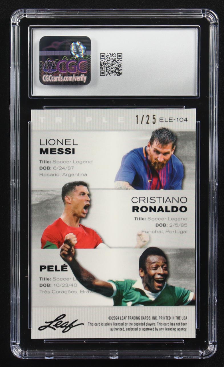 Lionel Messi / Cristiano Ronaldo / Pele 2024 Leaf Metal Special Release Exclusive Legends Ed. Silver Mojo Triple #ELE-104 #1/25 (CGC 10) at PristineAuction.com Lionel Messi / Cristiano Ronaldo / Pele 2024 Leaf Metal Special Release Exclusive Legends Ed. Silver Mojo Triple #ELE-104 #1/25 (CGC 10) at PristineAuction.com