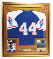 Hank Aaron Signed Custom Framed Cut Display with Jersey & (2) 715 HR Pins (PSA) at PristineAuction.com