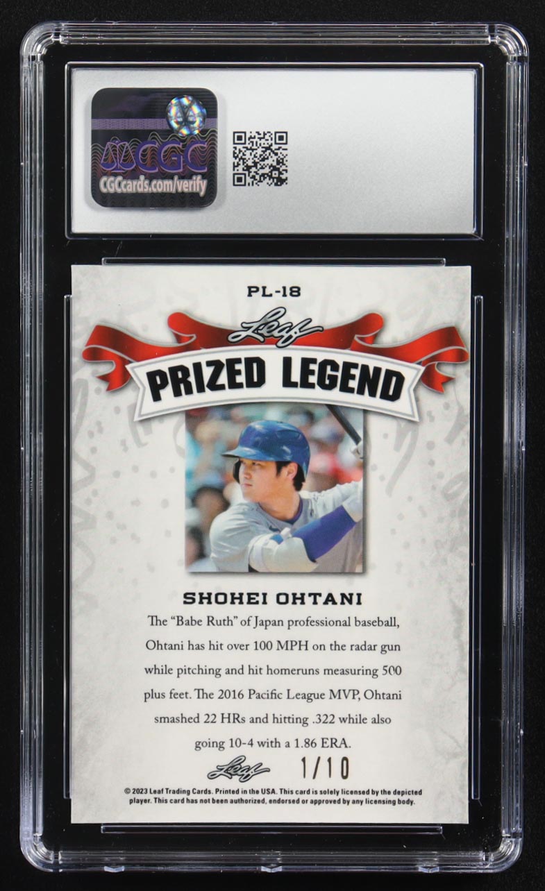 Shohei Ohtani 2023 Leaf Metal Special Release Prized Legend Pink Mojo #PL-18 #1/10 (CGC 10) at PristineAuction.com Shohei Ohtani 2023 Leaf Metal Special Release Prized Legend Pink Mojo #PL-18 #1/10 (CGC 10) at PristineAuction.com