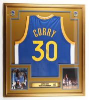 Stephen Curry Signed Custom Framed Jersey Display with Finals Pin & (2) Metal Team Logo Emblems (JSA) at PristineAuction.com