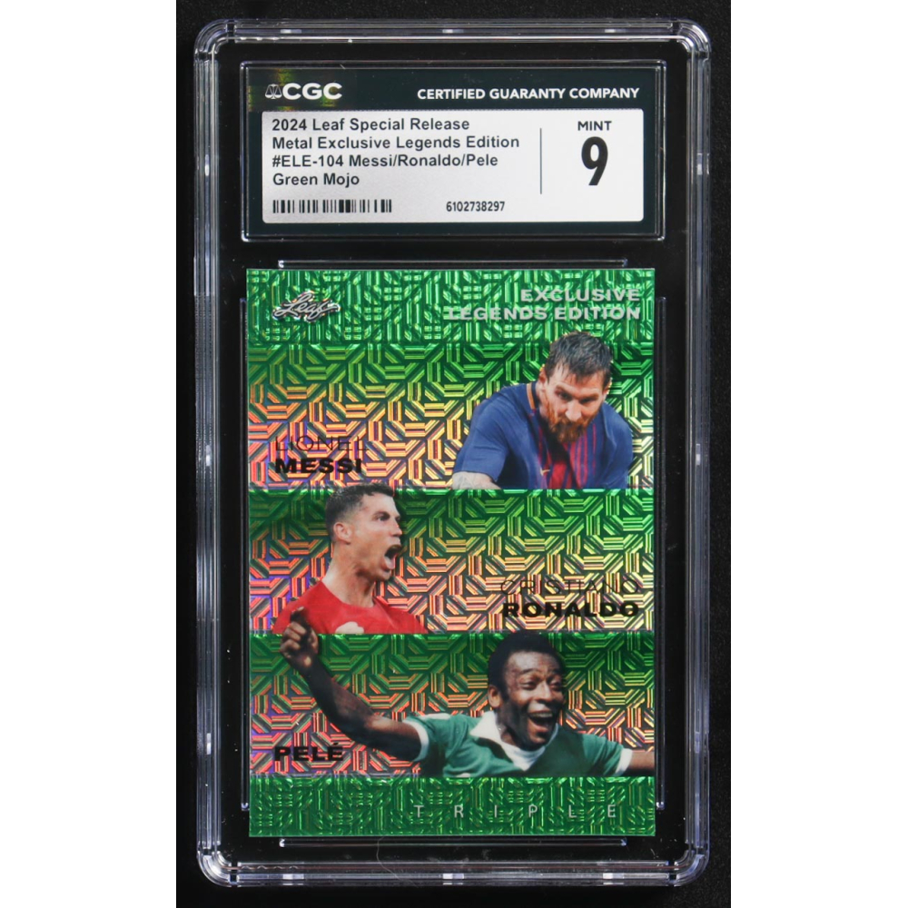 Lionel Messi / Cristiano Ronaldo / Pele 2024 Leaf Metal Special Release Exclusive Legends Ed. Green Mojo Triple #ELE-104 #4/5 (CGC 9) at PristineAuction.com