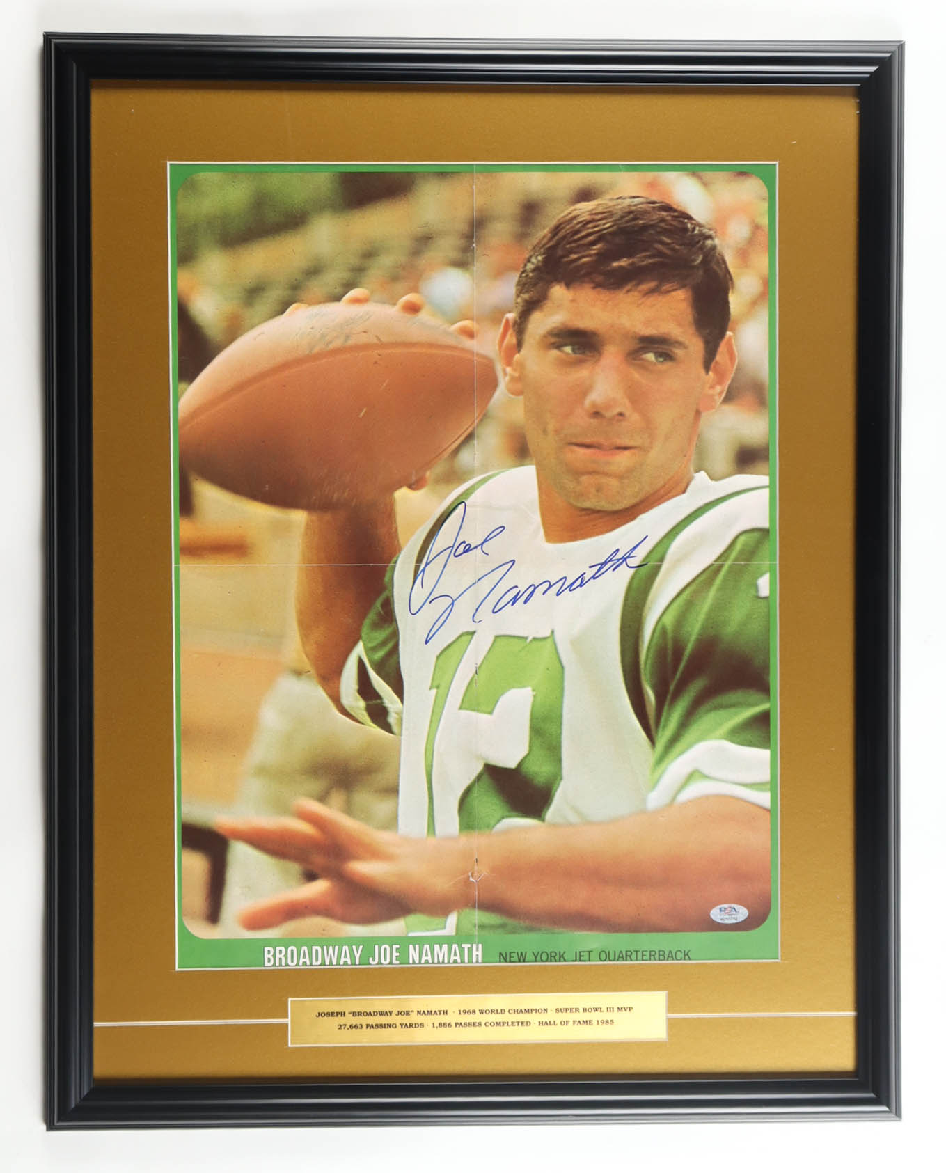 Joe Namath Signed Jets Custom Framed Photograph Display with Career Stat Plaque (PSA) at PristineAuction.com Joe Namath Signed Jets Custom Framed Photograph Display with Career Stat Plaque (PSA) at PristineAuction.com