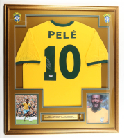 Pele Signed Custom Framed Jersey Display with Stat Plaque & Mini World Cup Trophy (PSA) at PristineAuction.com