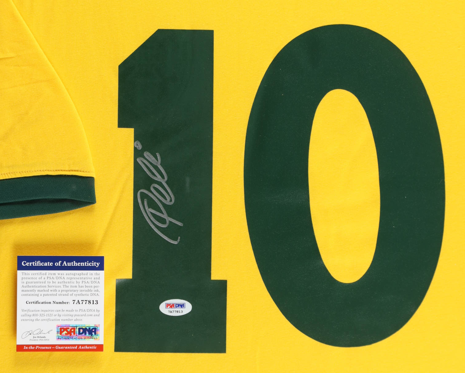 Pele Signed Custom Framed Jersey Display with Stat Plaque & Mini World Cup Trophy (PSA) at PristineAuction.com Pele Signed Custom Framed Jersey Display with Stat Plaque & Mini World Cup Trophy (PSA) at PristineAuction.com