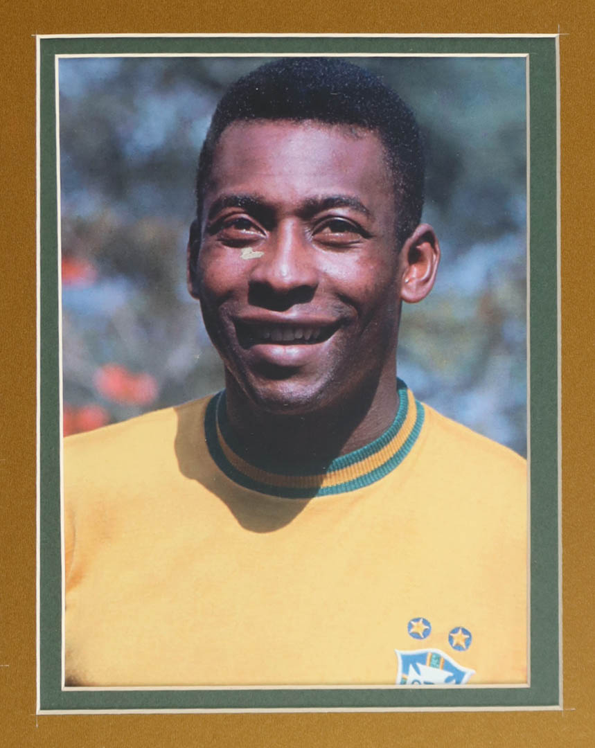 Pele Signed Custom Framed Jersey Display with Stat Plaque & Mini World Cup Trophy (PSA) at PristineAuction.com Pele Signed Custom Framed Jersey Display with Stat Plaque & Mini World Cup Trophy (PSA) at PristineAuction.com