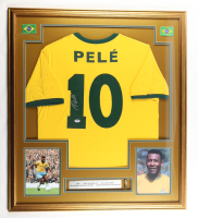 Pele Signed Custom Framed Jersey Display with Stat Plaque & Mini World Cup Trophy (PSA) at PristineAuction.com