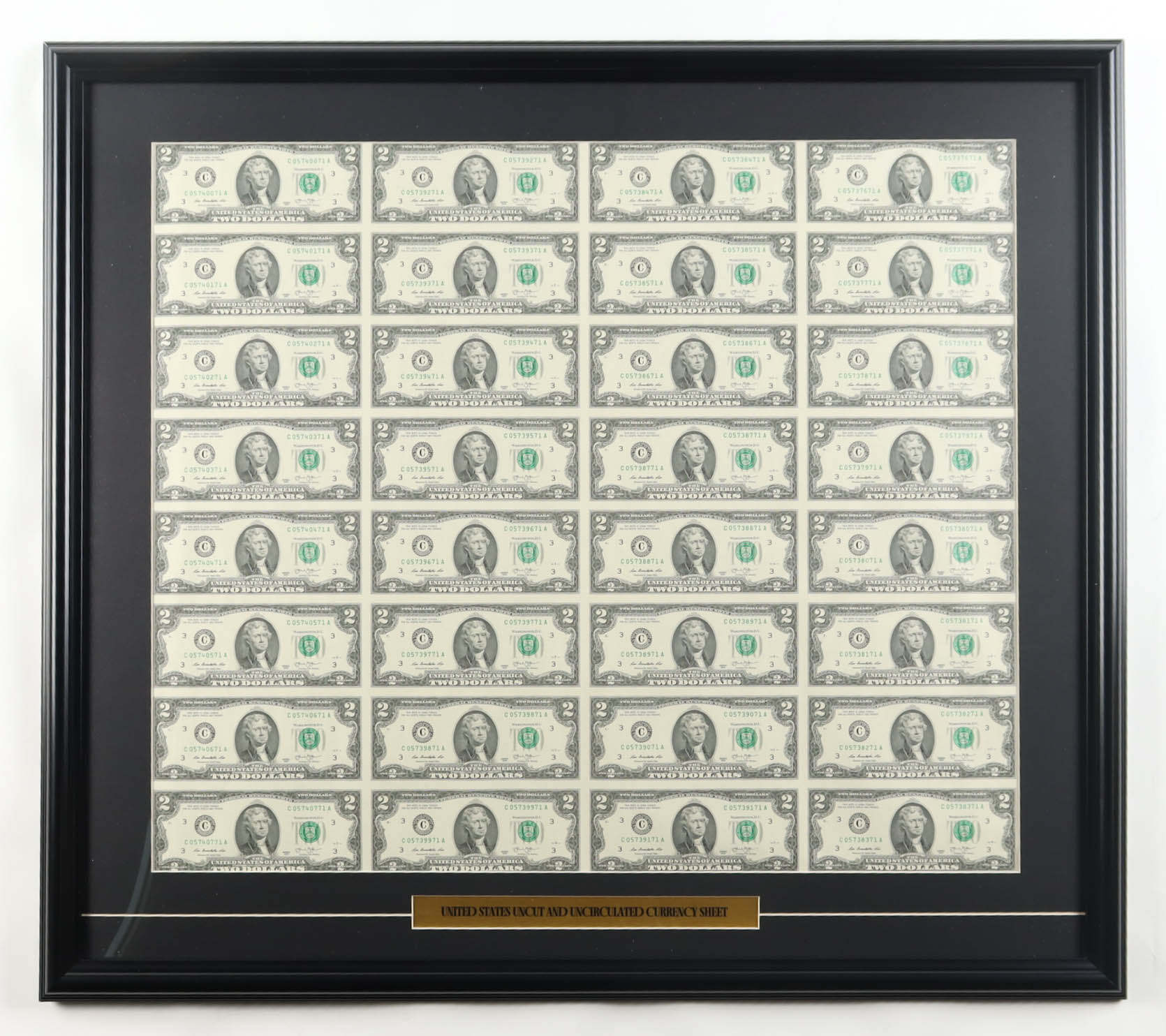 2013 U.S. $2 Dollar Bill Custom Framed Uncut Sheet Of (32) Bills with Title Plaque at PristineAuction.com 2013 U.S. $2 Dollar Bill Custom Framed Uncut Sheet Of (32) Bills with Title Plaque at PristineAuction.com