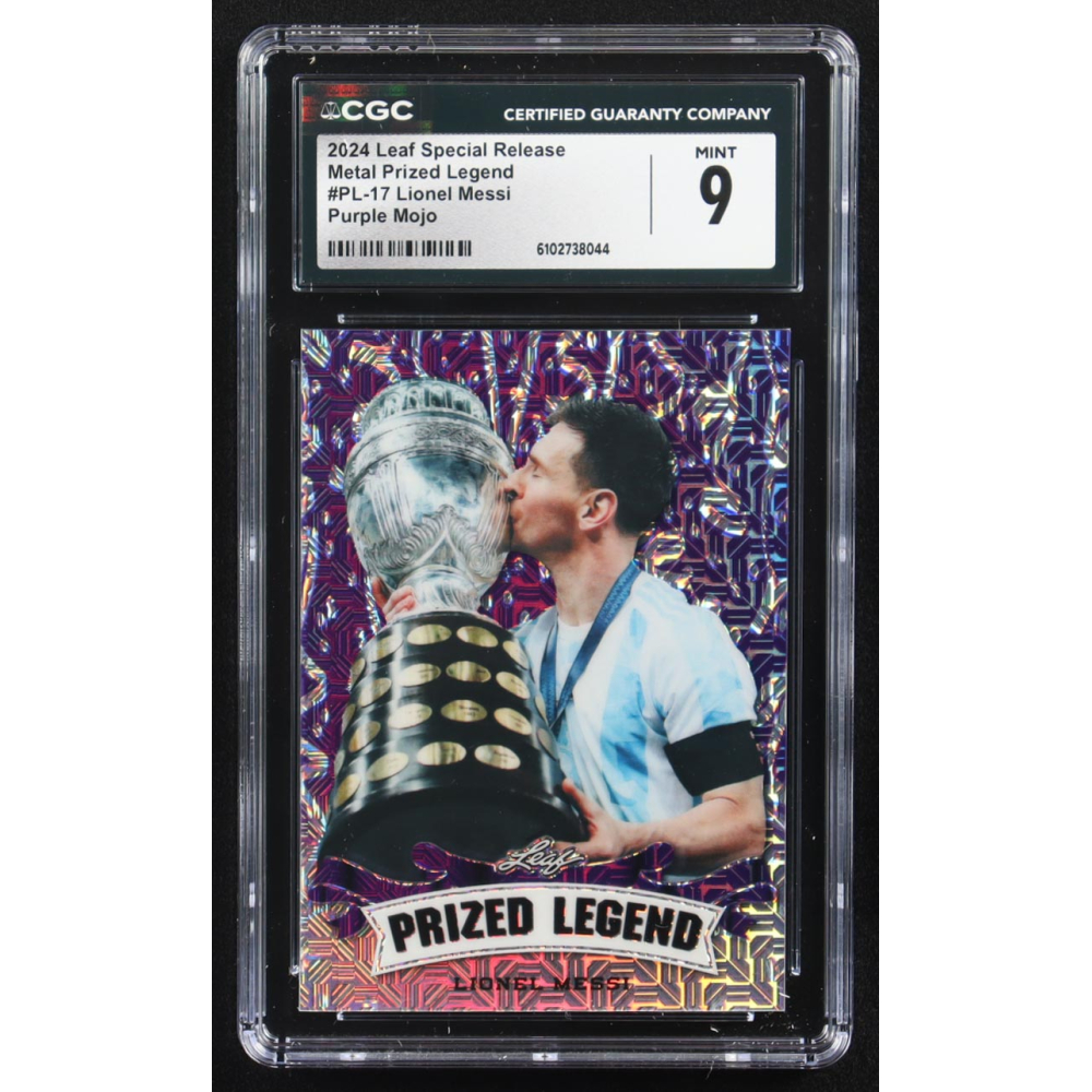 Lionel Messi 2024 Leaf Metal Special Release Prized Legend Purple Mojo #PL-17 #8/15 (CGC 9) at PristineAuction.com