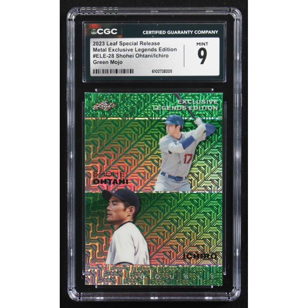 Shohei Ohtani / Ichiro Suzuki 2023 Leaf Metal Special Release Exclusive Legends Ed. Green Mojo Double #ELE-28 #2/5 (CGC 9) at PristineAuction.com