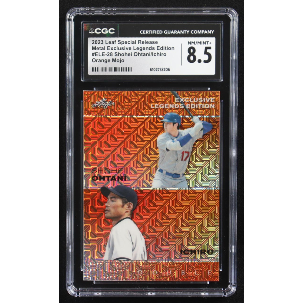 Shohei Ohtani / Ichiro Suzuki 2023 Leaf Metal Special Release Exclusive Legends Ed. Orange Mojo Double #ELE-28 #1/3 (CGC 8.5) at PristineAuction.com