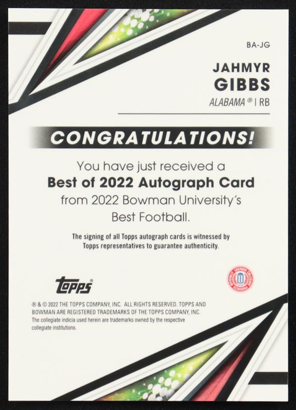 Jahmyr Gibbs 2022 Bowman's Best University Best of '22 Autographs #BAJG RC at PristineAuction.com Jahmyr Gibbs 2022 Bowman's Best University Best of '22 Autographs #BAJG RC at PristineAuction.com