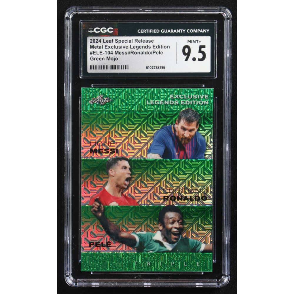 Lionel Messi / Cristiano Ronaldo / Pele 2024 Leaf Metal Special Release Exclusive Legends Ed. Green Mojo Triple #ELE-104 #3/5 (CGC 9.5) at PristineAuction.com