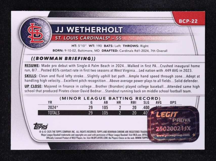 JJ Wetherholt Signed 2025 Bowman Chrome Prospects #BCP22 RC (Prova) at PristineAuction.com JJ Wetherholt Signed 2025 Bowman Chrome Prospects #BCP22 RC (Prova) at PristineAuction.com