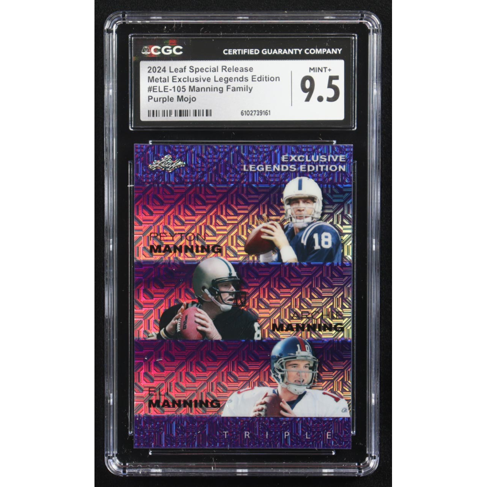 Archie Manning / Peyton Manning / Eli Manning 2024 Leaf Metal Special Release Exclusive Legends Ed. Manning Family Purple Mojo Triple #ELE-105 #9/15 (CGC 9.5) at PristineAuction.com