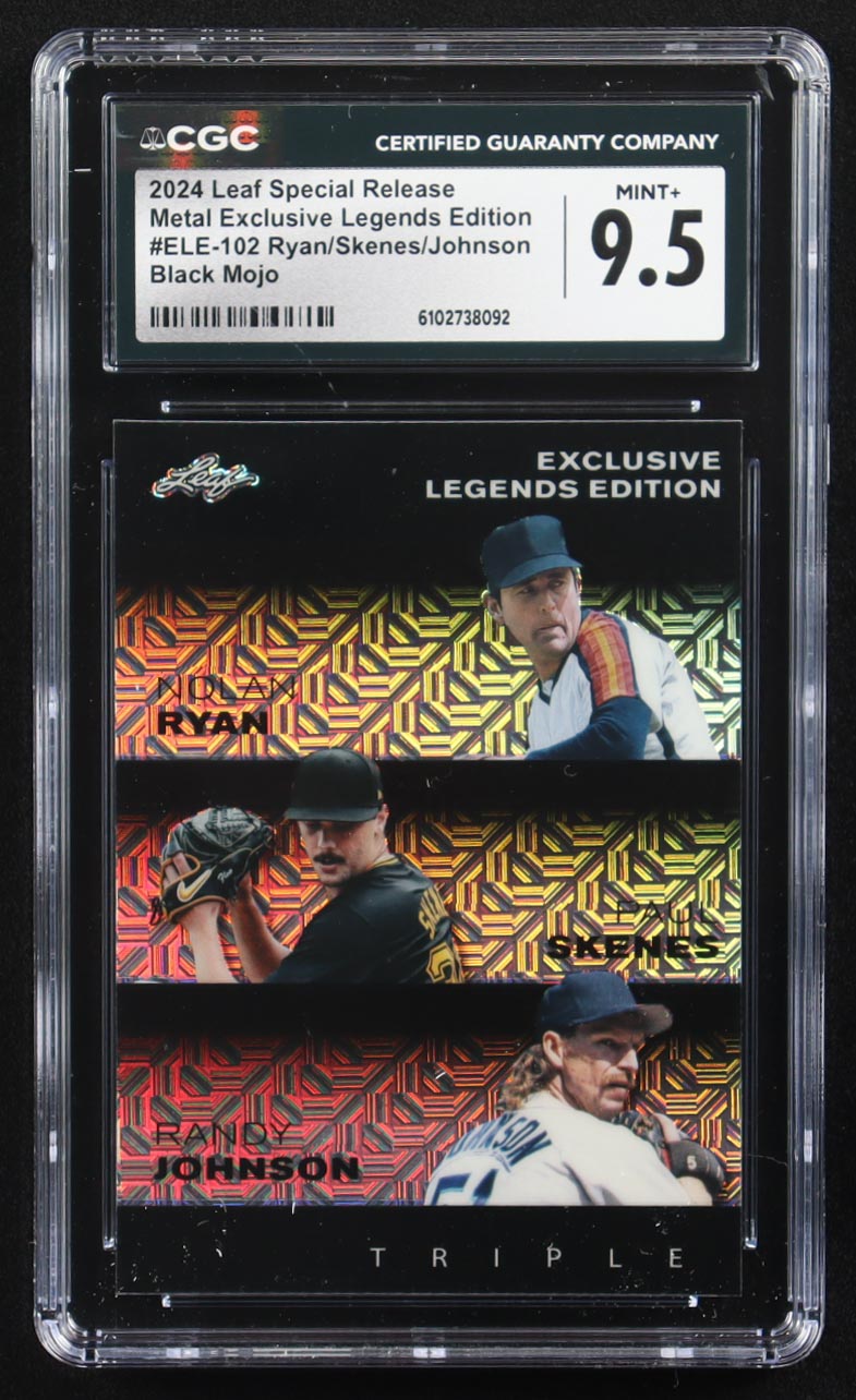 Nolan Ryan / Paul Skenes / Randy Johnson 2024 Leaf Metal Special Release Exclusive Legends Ed. Black Mojo Triple #ELE-102 #4/7 (CGC 9.5) at PristineAuction.com Nolan Ryan / Paul Skenes / Randy Johnson 2024 Leaf Metal Special Release Exclusive Legends Ed. Black Mojo Triple #ELE-102 #4/7 (CGC 9.5) at PristineAuction.com