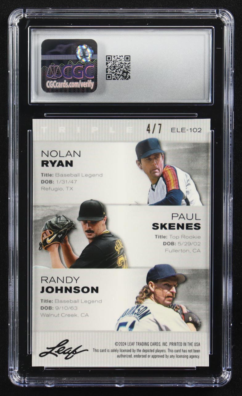 Nolan Ryan / Paul Skenes / Randy Johnson 2024 Leaf Metal Special Release Exclusive Legends Ed. Black Mojo Triple #ELE-102 #4/7 (CGC 9.5) at PristineAuction.com Nolan Ryan / Paul Skenes / Randy Johnson 2024 Leaf Metal Special Release Exclusive Legends Ed. Black Mojo Triple #ELE-102 #4/7 (CGC 9.5) at PristineAuction.com