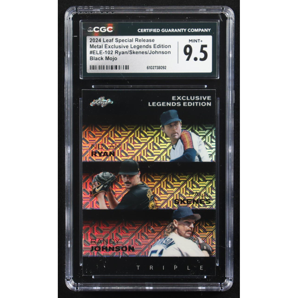 Nolan Ryan / Paul Skenes / Randy Johnson 2024 Leaf Metal Special Release Exclusive Legends Ed. Black Mojo Triple #ELE-102 #4/7 (CGC 9.5) at PristineAuction.com