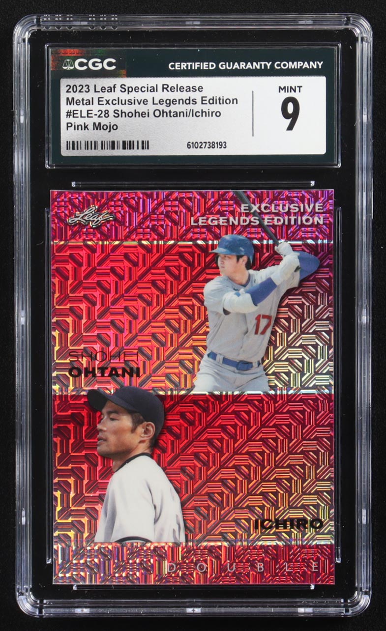 Shohei Ohtani / Ichiro Suzuki 2023 Leaf Metal Special Release Exclusive Legends Ed. Pink Mojo Double #ELE-28 #1/10 (CGC 10) at PristineAuction.com Shohei Ohtani / Ichiro Suzuki 2023 Leaf Metal Special Release Exclusive Legends Ed. Pink Mojo Double #ELE-28 #1/10 (CGC 10) at PristineAuction.com