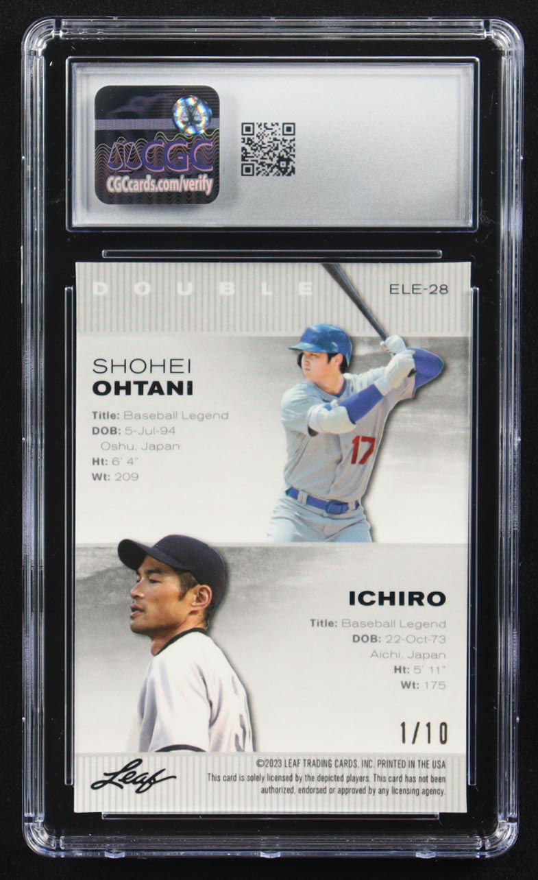 Shohei Ohtani / Ichiro Suzuki 2023 Leaf Metal Special Release Exclusive Legends Ed. Pink Mojo Double #ELE-28 #1/10 (CGC 10) at PristineAuction.com Shohei Ohtani / Ichiro Suzuki 2023 Leaf Metal Special Release Exclusive Legends Ed. Pink Mojo Double #ELE-28 #1/10 (CGC 10) at PristineAuction.com