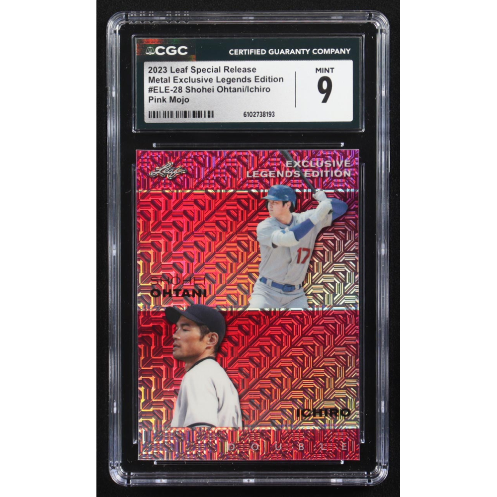 Shohei Ohtani / Ichiro Suzuki 2023 Leaf Metal Special Release Exclusive Legends Ed. Pink Mojo Double #ELE-28 #1/10 (CGC 10) at PristineAuction.com