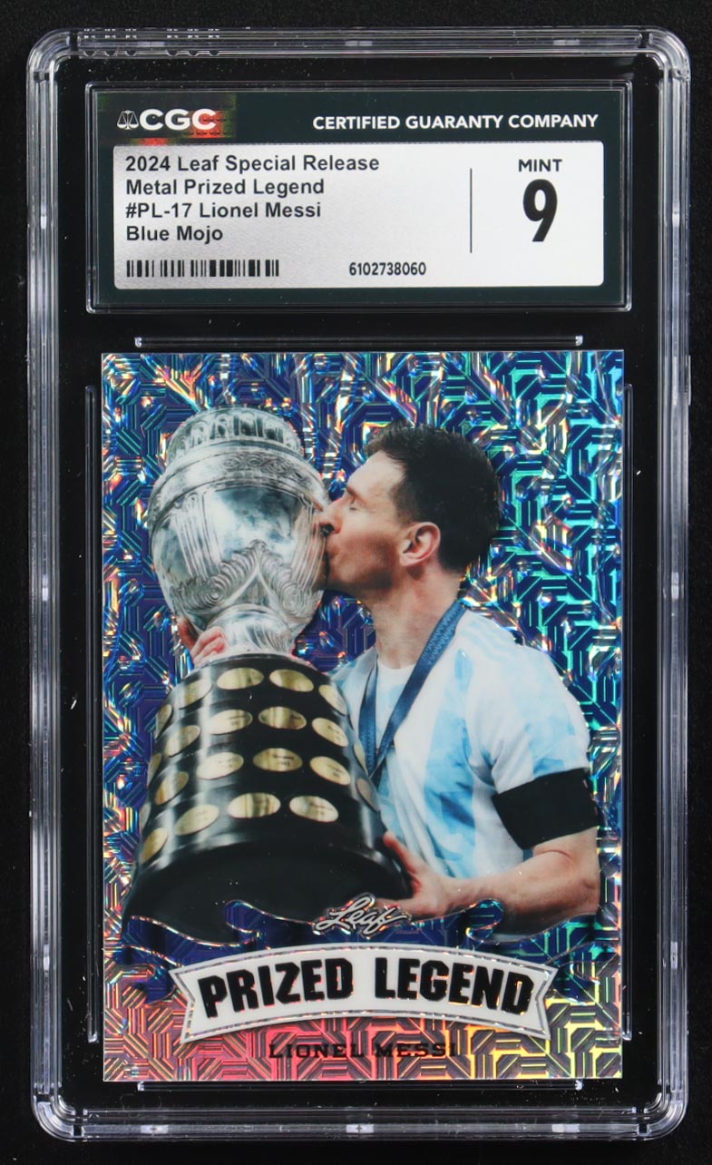 Lionel Messi 2024 Leaf Metal Special Release Prized Legend Blue Mojo #PL-17 #6/20 (CGC 9) at PristineAuction.com Lionel Messi 2024 Leaf Metal Special Release Prized Legend Blue Mojo #PL-17 #6/20 (CGC 9) at PristineAuction.com