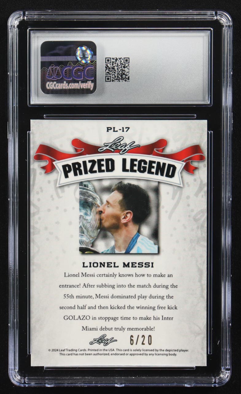 Lionel Messi 2024 Leaf Metal Special Release Prized Legend Blue Mojo #PL-17 #6/20 (CGC 9) at PristineAuction.com Lionel Messi 2024 Leaf Metal Special Release Prized Legend Blue Mojo #PL-17 #6/20 (CGC 9) at PristineAuction.com