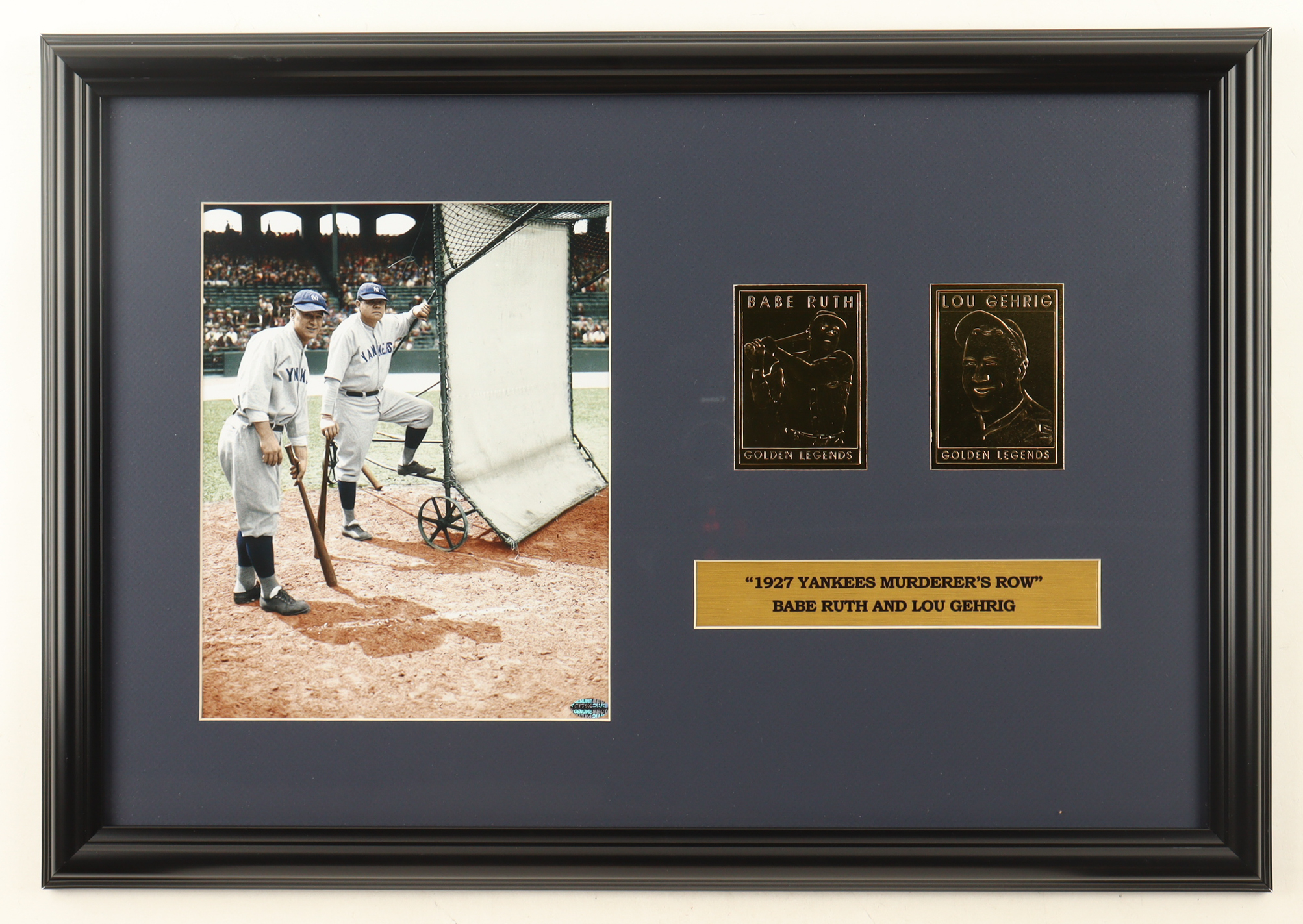 "1927 Yankees Murderers Row" Custom Framed Photo with Set of (2) Babe Ruth & Lou Gehrig 23Kt Gold Cards at PristineAuction.com "1927 Yankees Murderers Row" Custom Framed Photo with Set of (2) Babe Ruth & Lou Gehrig 23Kt Gold Cards at PristineAuction.com