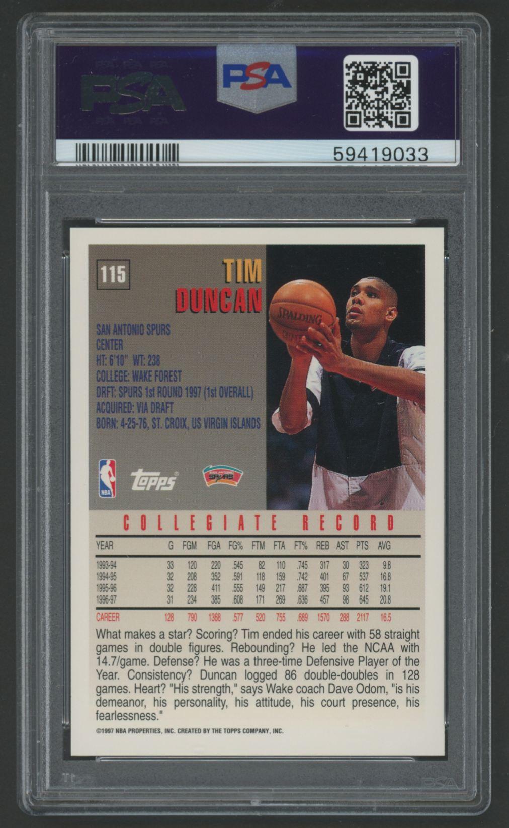 Tim Duncan 1997-98 Topps #115 (PSA 9) at PristineAuction.com Tim Duncan 1997-98 Topps #115 (PSA 9) at PristineAuction.com