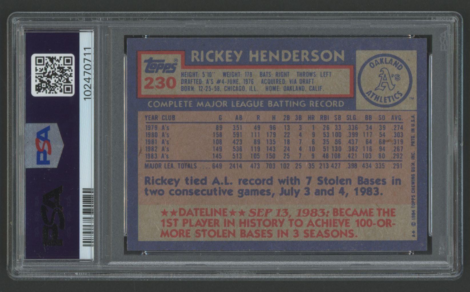 Rickey Henderson 1984 Topps #230 (PSA 9) at PristineAuction.com Rickey Henderson 1984 Topps #230 (PSA 9) at PristineAuction.com