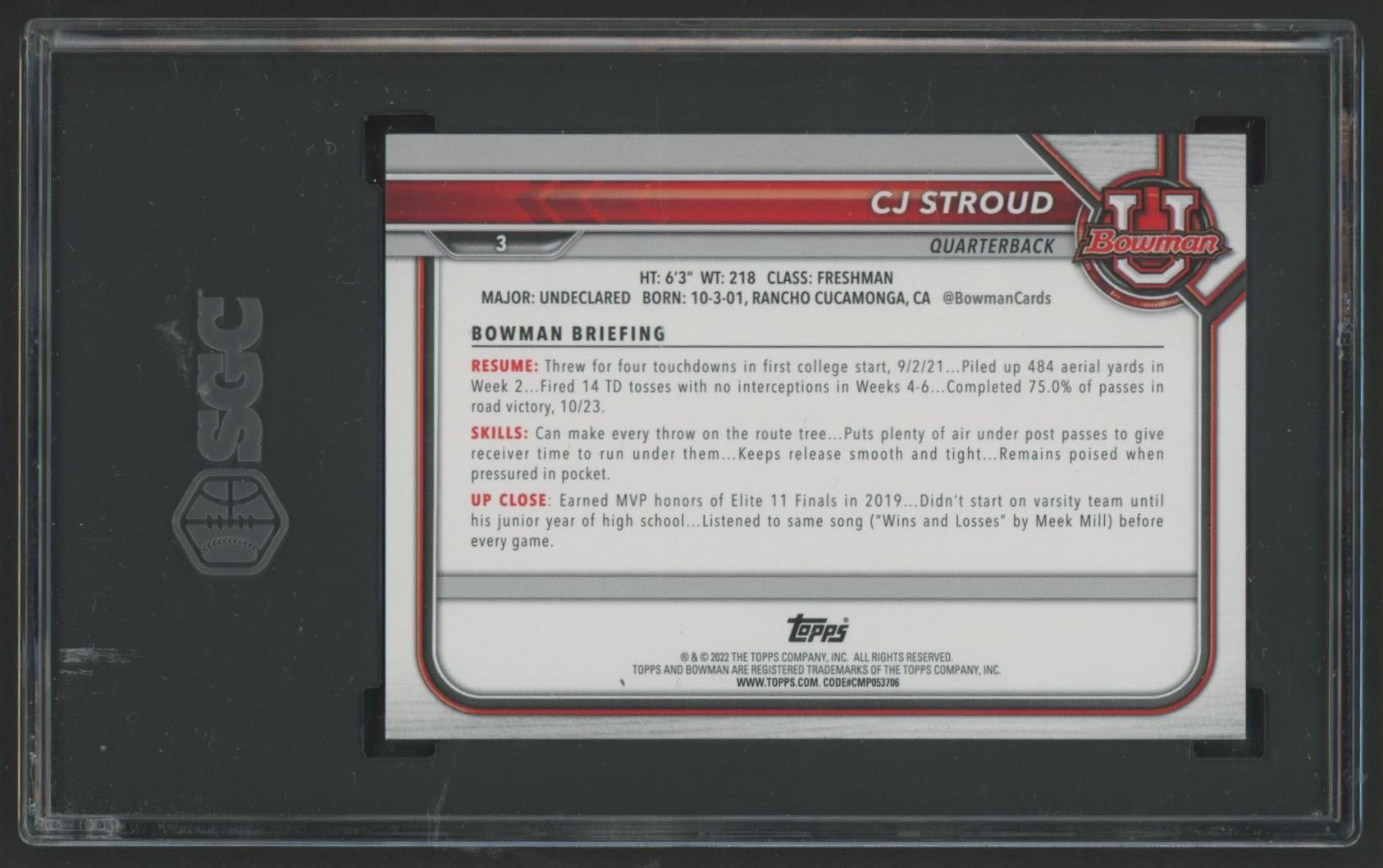 C. J. Stroud 2021-22 Bowman University #3 RC (SGC 10) at PristineAuction.com C. J. Stroud 2021-22 Bowman University #3 RC (SGC 10) at PristineAuction.com