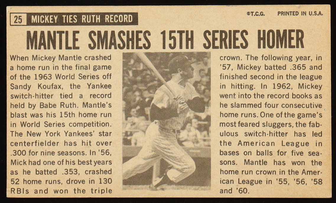 Mickey Mantle 1964 Topps Giants #25 at PristineAuction.com Mickey Mantle 1964 Topps Giants #25 at PristineAuction.com