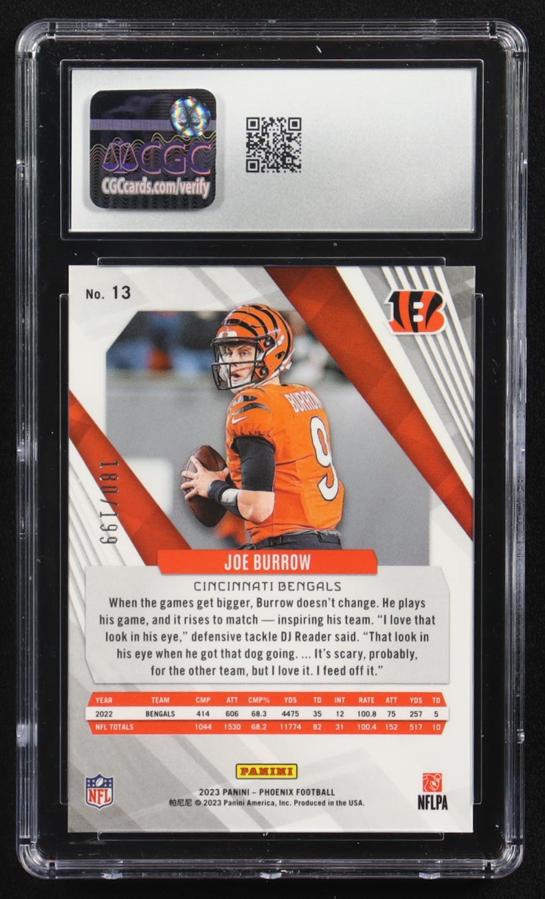 Joe Burrow 2023 Panini Phoenix Red #13 #180/199 (CGC 10) at PristineAuction.com Joe Burrow 2023 Panini Phoenix Red #13 #180/199 (CGC 10) at PristineAuction.com