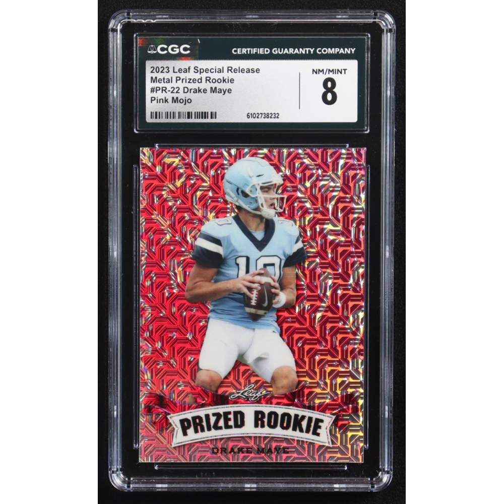 Drake Maye 2023 Leaf Metal Special Release Prized Rookie Pink Mojo #PR-22 RC #7/10 (CGC 8) at PristineAuction.com